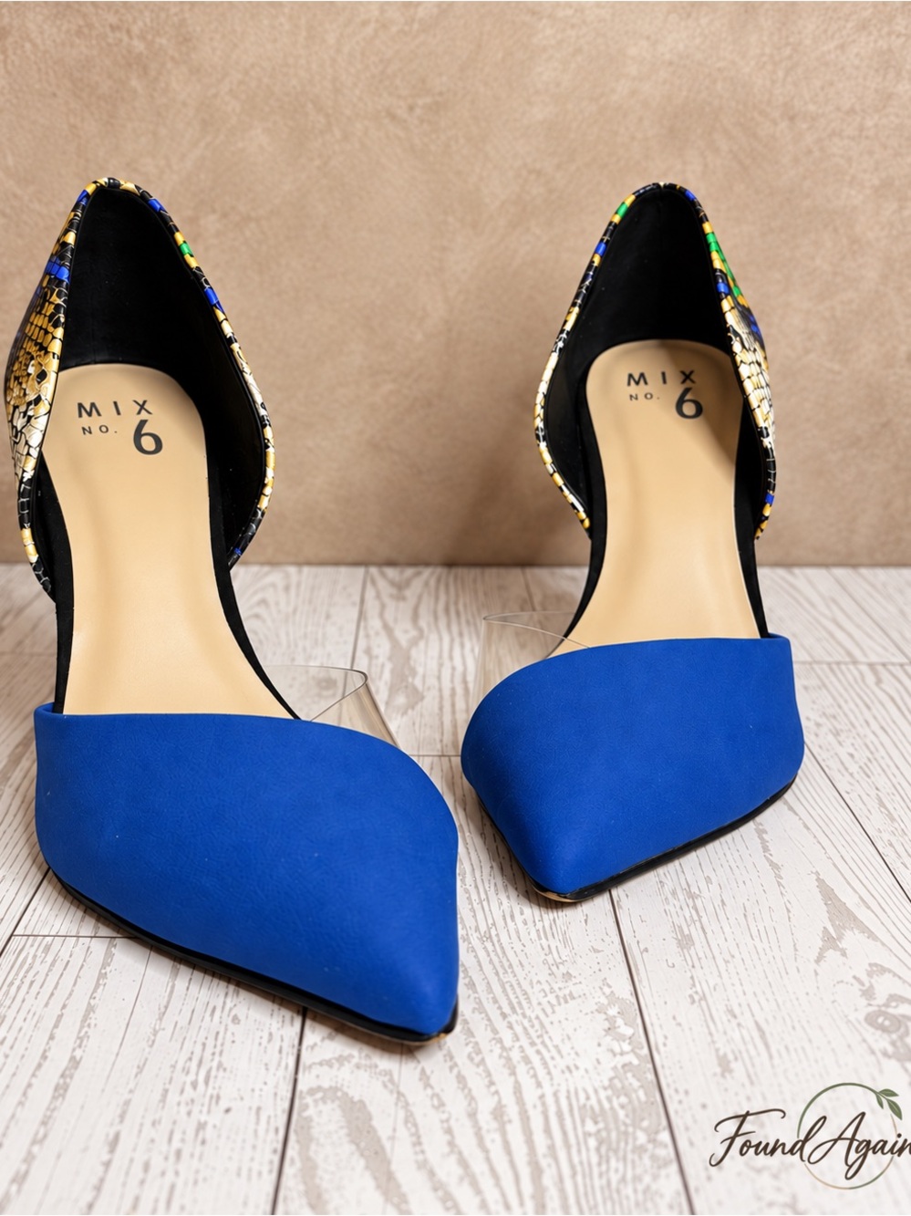 Mi Cobalt Blue Pointed D'Orsay Heels with Metallic Patterned Trim